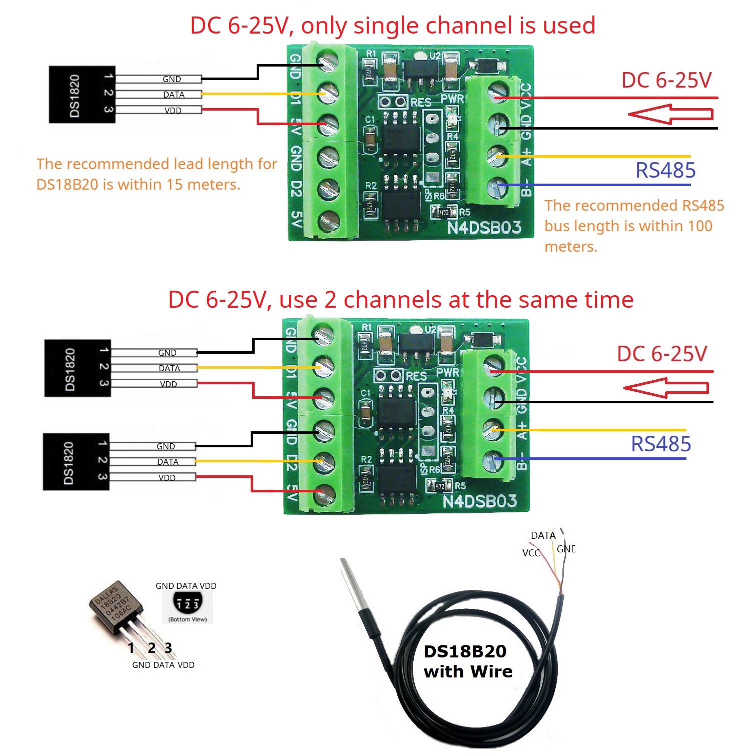 2CH RS485 Modbus  -55 to +125C - огляд і ціна Ds18B20 Temperature Sensor